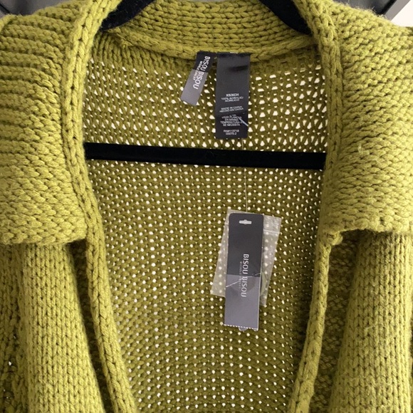 Bisou Bisou Green Chunky Collared Tie Waist Knit One-Button 3/4 Sleeve Cardigan - Picture 3 of 9